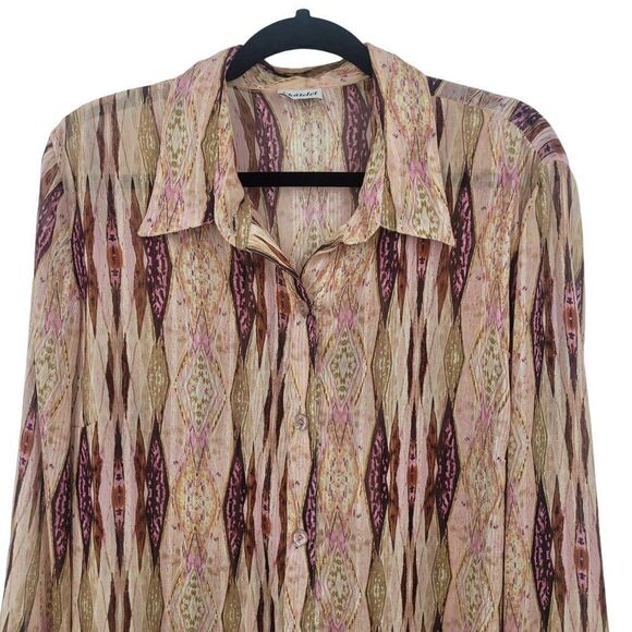 Vintage 70s Sheer Button Down Blouse XL Pink Metallic Geometric Striped Groovy - Picture 4 of 11